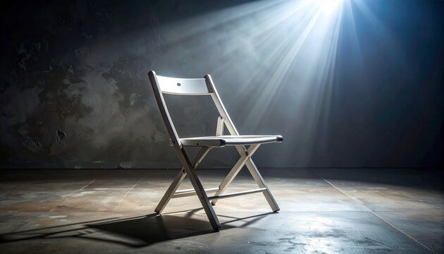 Two empty chairs on grassy shore at sunrise, overlooking calm water and distant mountain silhouettes.
