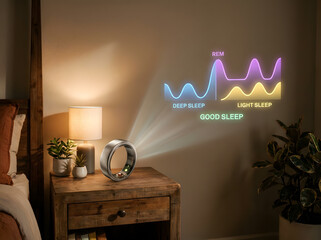 Smart ring projecting sleep data onto a wall in a bedroom at night