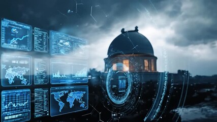 Futuristic cityscape overlaying graphs and data with a domed building silhouetted in the background - Footage - Powered by Adobe