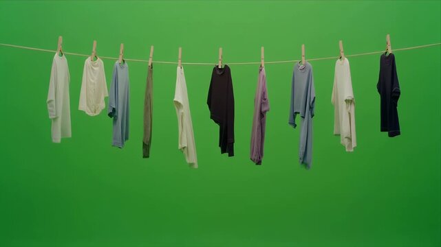 Clothes Hanging on Line with Clothes Pins Against Bright Green Background