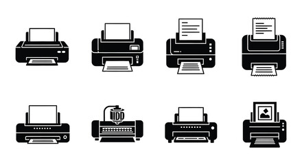 Variety of office printers and scanners in a monochrome illustration