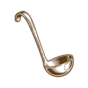 Hand drawn illustration of a vintage kitchen ladle in brown and white style