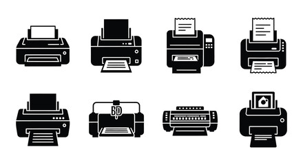 Variety of office printers and scanners in a monochrome illustration