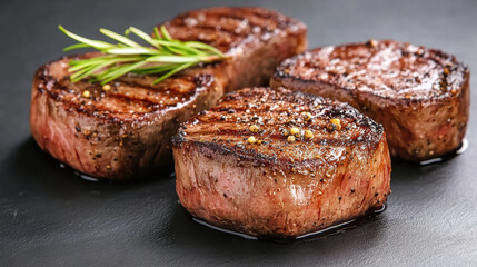 Juicy grilled steak medallion with rosemary garnish, savory seasoning and glossy sear