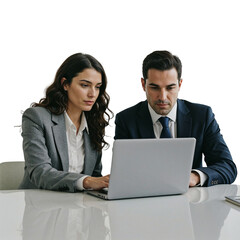 Fototapeta premium Focused business professionals man and woman working together on a laptop computer isolated on transparent background