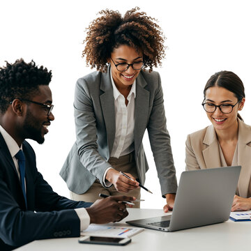Diverse group of business professionals collaborating and smiling while looking at a laptop screen isolated on transparent background