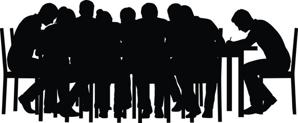 Silhouette of large group seated closely together around table while one person writes separately, symbolizing teamwork, study, focus, collaboration, group learning environment