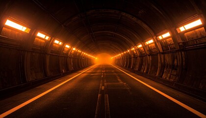 Futuristic tunnel interior with wet reflective road, vertical lights, glowing orange exit.