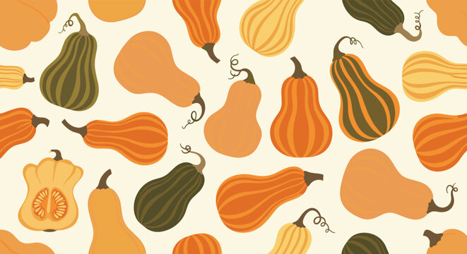 Seamless pattern featuring pumpkins and gourds in warm autumn hues with orange yellow and green tones on a light creamy background for festive seasonal decor.