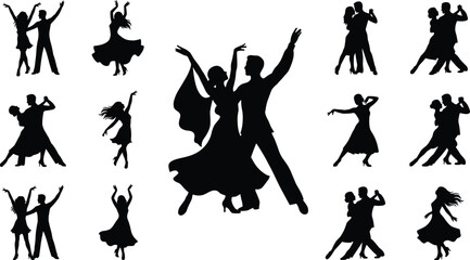 Silhouette set of dancing couples and solo dancers, illustrating elegant movement, ballroom style, joyful performance, creative choreography, energetic dance vector illustration