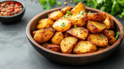 Roasted potato wedge with herb garnish, golden crispy texture and warm seasoning