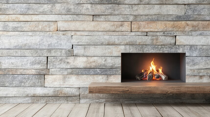 Cozy modern fireplace with floating wood mantel and stone wall warmth