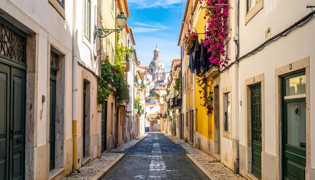 Charming narrow street in Lisbon, Portugal, with colorful buildings and vibrant flowers under a bright blue sky, leading to a distant castle.