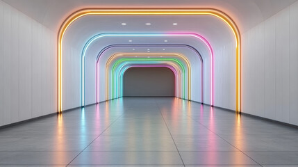 Neon tunnel archway with colorful LED lights and reflective floor, futuristic calm mood