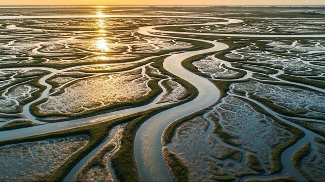 Aerial exploration of intertidal landscape intricate river channels during a sunset