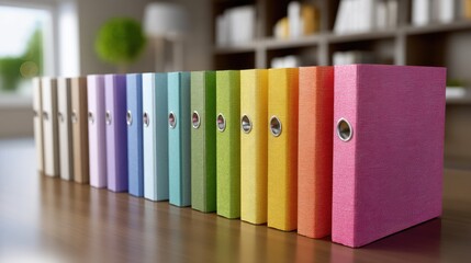 Colorful Office Organizers on Wooden Table in Bright Workspace with Blurred Background