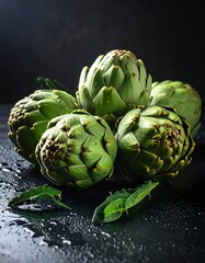 Fototapeta premium Close-up of artichokes, green, wet, on a dark, wet surface