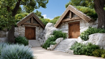 Rustic stone houses nestled in natural rock landscape