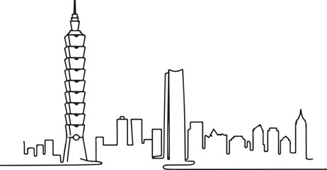 Obraz premium Continuous Line Taipei Skyline with Taipei One Zero One Minimal Artistic Illustration