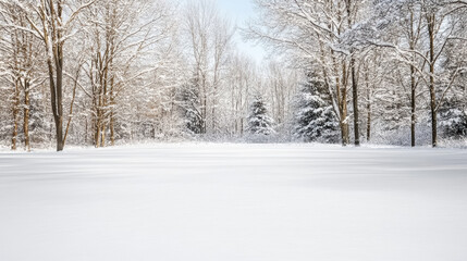 Fototapeta premium Snowy field winter forest trees with soft light and calm quiet mood