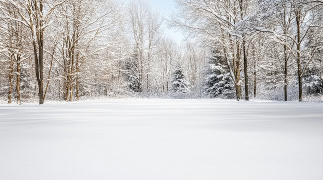 Snowy field winter forest trees with soft light and calm quiet mood - Powered by Adobe