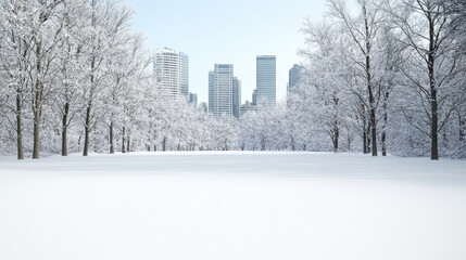 Snowy park avenue framed by frost covered trees with distant city skyline, serene winter light