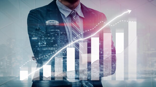 A confident businessman stands against a backdrop of a financial growth chart, symbolizing success and strategic investment in a modern corporate setting. Copula - Powered by Adobe