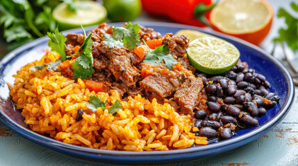 Delicious Cuban rice dish featuring vibrant yellow rice, tender beef, black beans, and fresh lime garnishes, evoking warm, inviting atmosphere