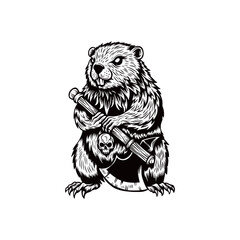 black and white hand drawn illustration of a beaver and axe