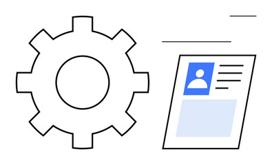Digital identity concept. Gear symbol with user profile card s technology integration and online identity verification. Digital identity applications, automation, data security, profile management