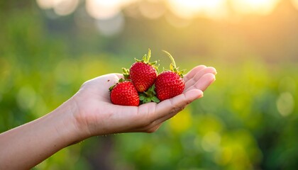 Close-up of a hand holding several ripe, red strawberries