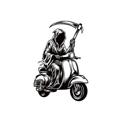 Skull with a scythe riding a scooter. Original vector illustration. Print for t-shirts or postcards.