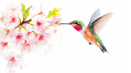 Naklejka premium Colorful hummingbird hovering near pink cherry blossoms, showcasing vibrant watercolor art. delicate flowers and bird create serene and joyful
