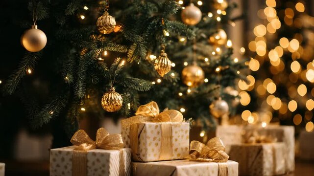 Christmas tree decorated with candles, ornaments, and festive holiday gifts