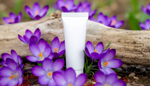 White cream tube surrounded by vibrant purple crocuses on a rustic log in nature