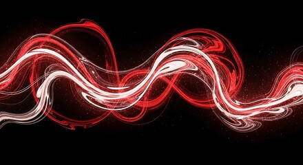 A dynamic abstract design featuring swirling, red and white lines against a black backdrop.