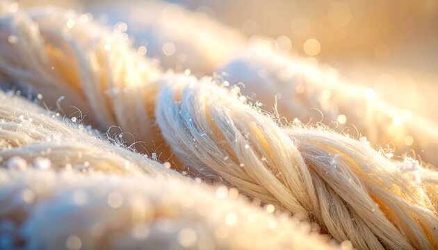 Close-up view of soft, light-colored natural fibers with sparkling dew drops, illuminated by warm, gentle light.