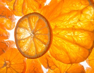 Close-up of translucent citrus slices, glowing orange against white