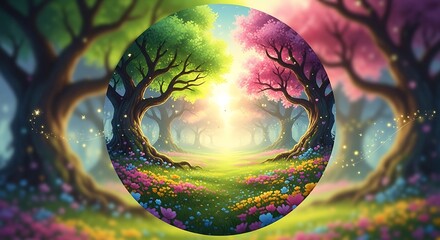 A vibrant, colorful illustration showcases a sunlit clearing, surrounded by towering trees and a multitude of blooming flowers, exuding a sense of peace and tranquility.