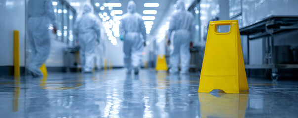 Wet floor sign with workers in protective suits walking in clean industrial facility, emphasizing safety and hygiene