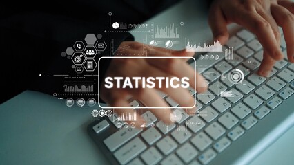 Close-up View of Hands Typing on Keyboard with Statistics Visual Data Overlay for Analytical Context. Asymptotic smart data analytic.