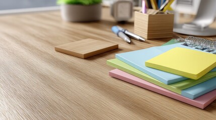 Colorful Sticky Notes and Stationery on a Wooden Desk Surface in a Bright Workspace Environment