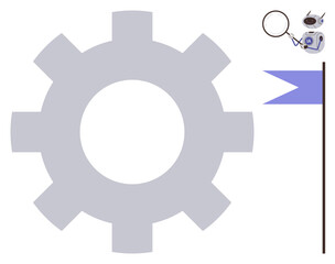 Gear alongside robot with magnifying glass and flag, symbolizing progress, automation, achievement, analysis, precision, teamwork, and innovation. Ideal for technology engineering leadership