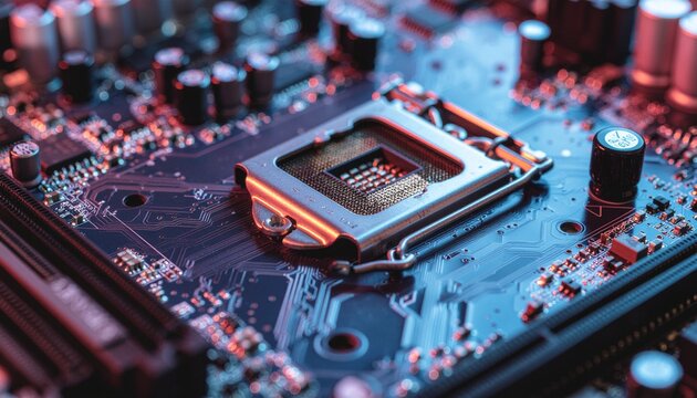 A dramatic, high-contrast close-up of the central cpu socket and intricate electronic traces functioning on a dark motherboard, emphasized by a moody red and blue neon glow.