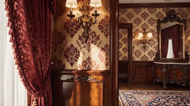 Elegant interior design showcasing luxurious curtains wallpaper and wooden furniture.