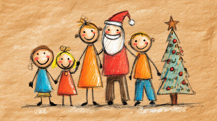 Fototapeta premium Happy children holding hands with Santa Claus near decorated Christmas tree on textured background