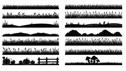 Obraz premium Collection of black silhouette borders with grass fields, hills, pumpkins, and mushrooms