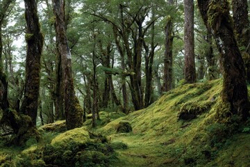 Fototapeta premium Panoramic view of a lush forest featuring moss-covered trees and an enchanting atmosphere in a serene woodland setting