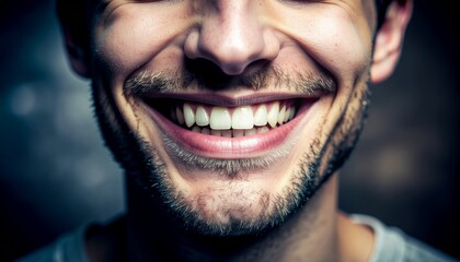 A high-contrast, dramatic extreme close-up captures the joyful grin of a young man, showing his bright white teeth against a dark, blurred background.Scary smile