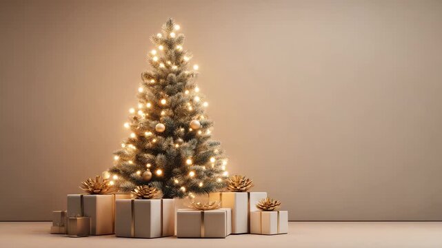 Holiday cheer: An elegant christmas tree radiates warmth and joy, adorned with twinkling lights and complemented by a stack of festive presents, ready to be unwrapped.